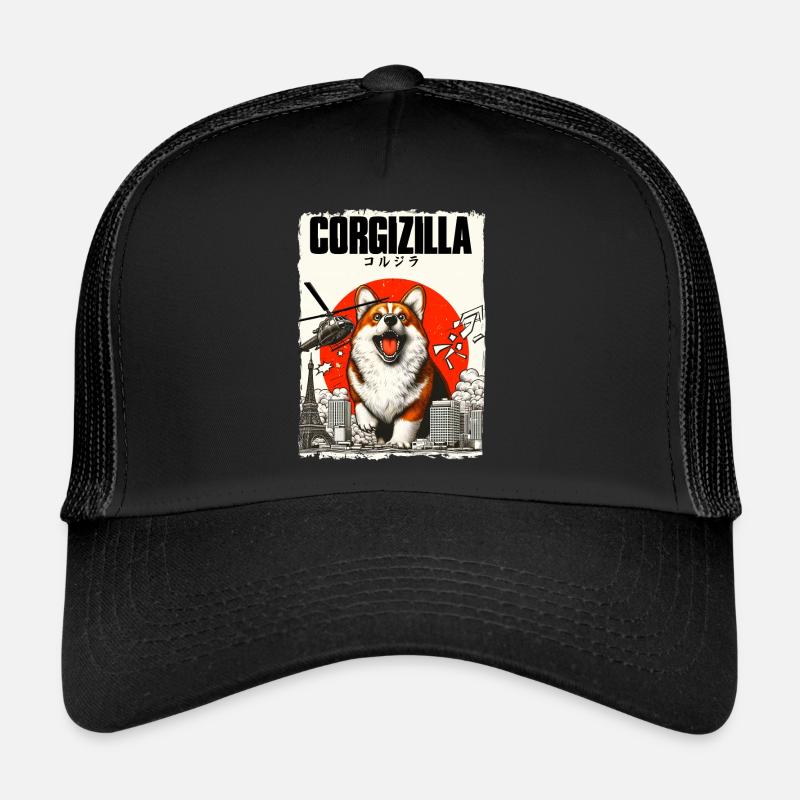 Corgi Hund Corgizilla Lustiges Hunde Design Corgi - Trucker Cap - Schwarz/Schwarz