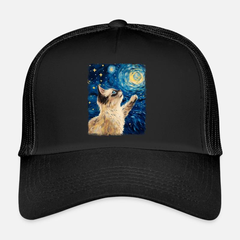 Birmakatze Sternennacht-Gemälde - Trucker Cap - Schwarz/Schwarz