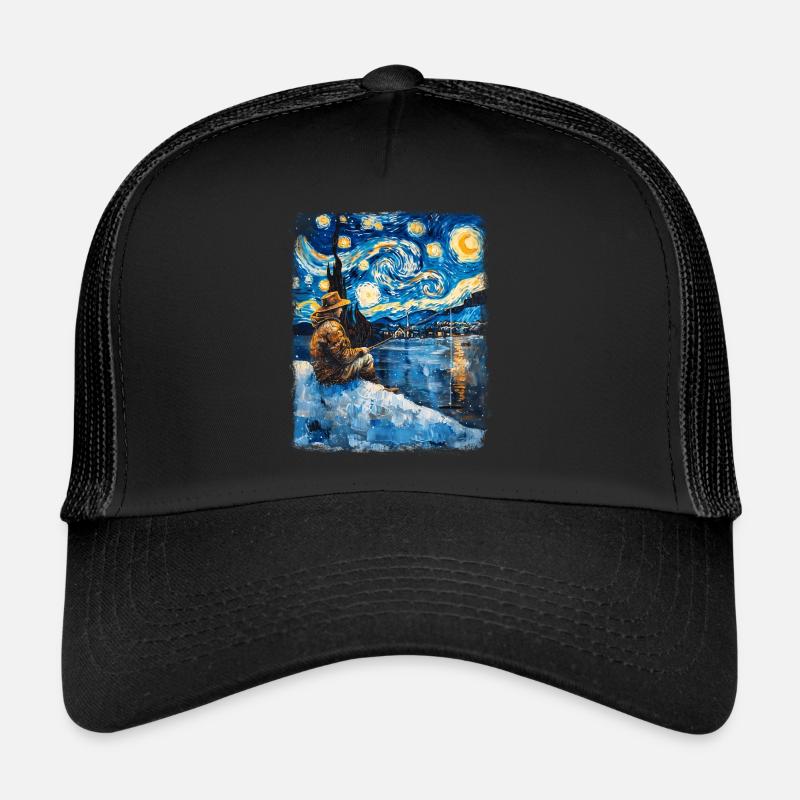 Eisfischen Eisfischer Fischer Sternennacht Gemälde - Trucker Cap - Schwarz/Schwarz