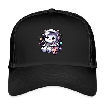Kawaii Cat Astronaut Bubble Tea in Space - Trucker Cap - black/black - Front