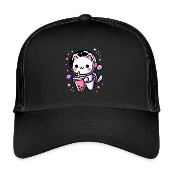 Kawaii Cat Astronaut Bubble Tea in Space - Trucker Cap - black/black - Front