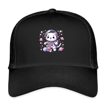 Kawaii Cat Astronaut Bubble Tea in Space - Trucker Cap - black/black - Front