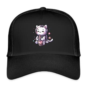 Kawaii Cat Astronaut Bubble Tea in Space - Trucker Cap - black/black - Front