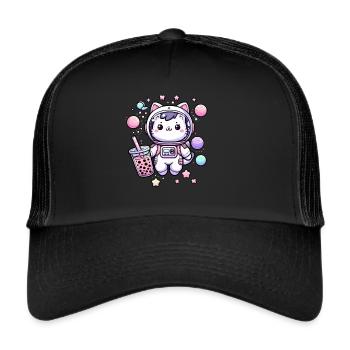 Kawaii Cat Astronaut Bubble Tea in Space - Trucker Cap - black/black - Front