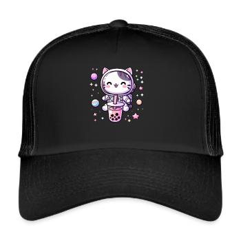Kawaii Cat Astronaut Bubble Tea in Space - Trucker Cap - black/black - Front
