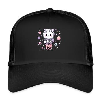 Kawaii Cat Astronaut Bubble Tea in Space - Trucker Cap - black/black - Front