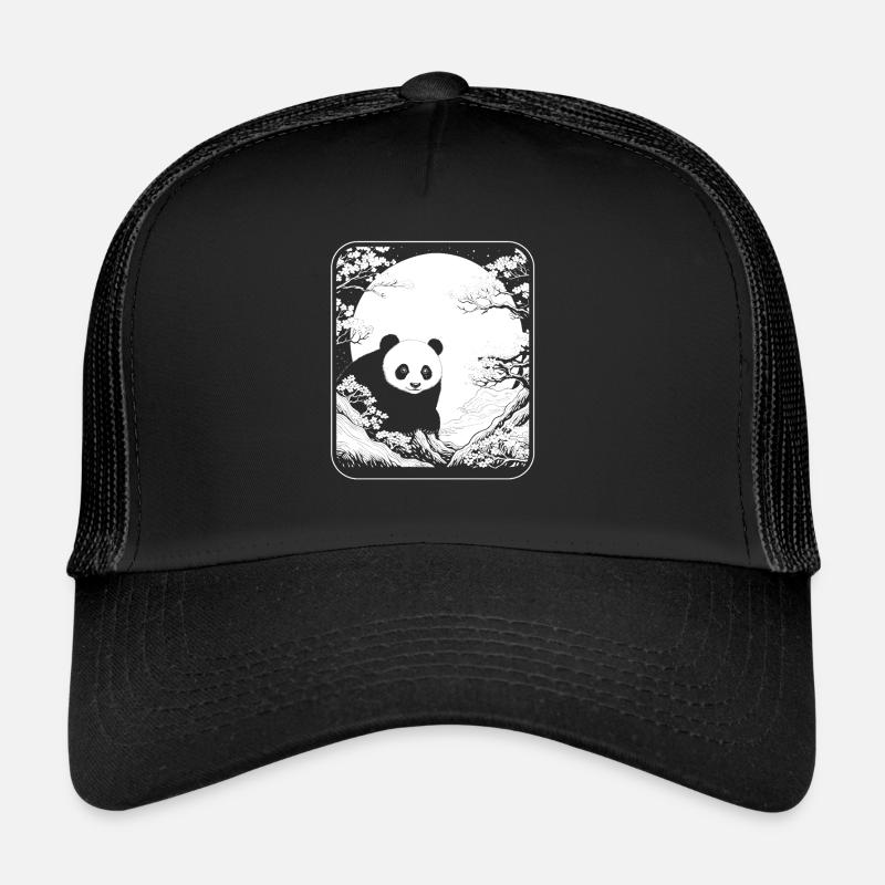 Giant Panda Panda Bear Japan Cherry Blossom Moon - Trucker Cap - black/black