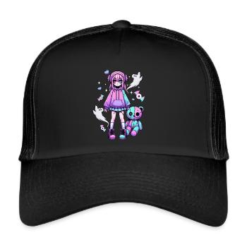 Pastell Goth Anime Girl Mit Teddybär Gotik - Trucker Cap - Schwarz/Schwarz - Vorne
