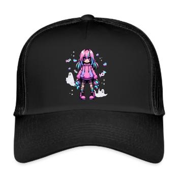 Pastell Goth Anime Girl Mit Teddybär Gotik - Trucker Cap - Schwarz/Schwarz - Vorne