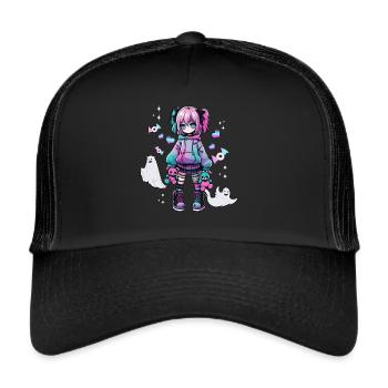 Pastell Goth Anime Girl Mit Teddybär Gotik - Trucker Cap - Schwarz/Schwarz - Vorne