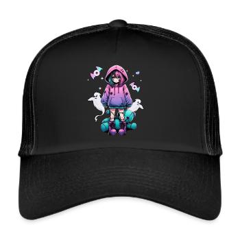 Pastell Goth Anime Girl Mit Teddybär Gotik - Trucker Cap - Schwarz/Schwarz - Vorne