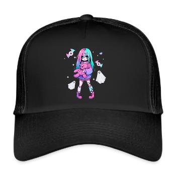 Pastell Goth Anime Girl Mit Teddybär Gotik - Trucker Cap - Schwarz/Schwarz - Vorne