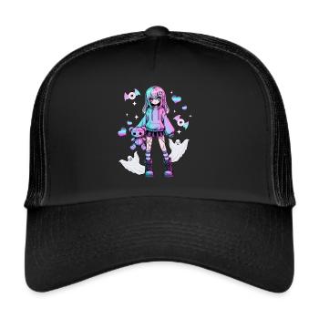 Pastell Goth Anime Girl Mit Teddybär Gotik - Trucker Cap - Schwarz/Schwarz - Vorne