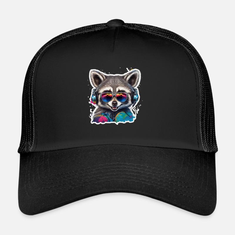 Waschbär Mit Kopfhörern Graffiti Kunst - Trucker Cap - Schwarz/Schwarz