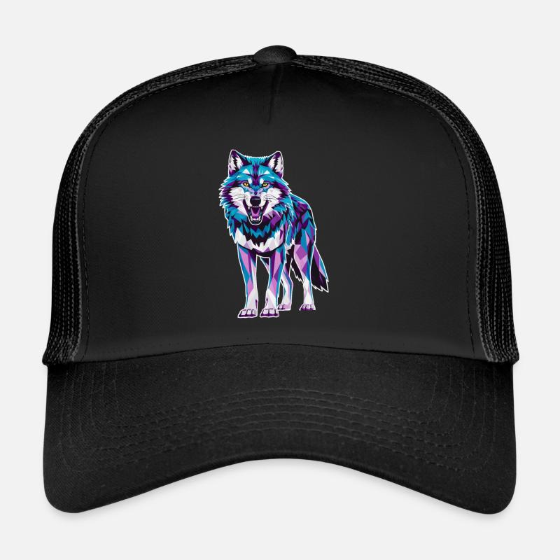 Low Poly Wolf - Geometrische Kunst in Blau und - Trucker Cap - Schwarz/Schwarz