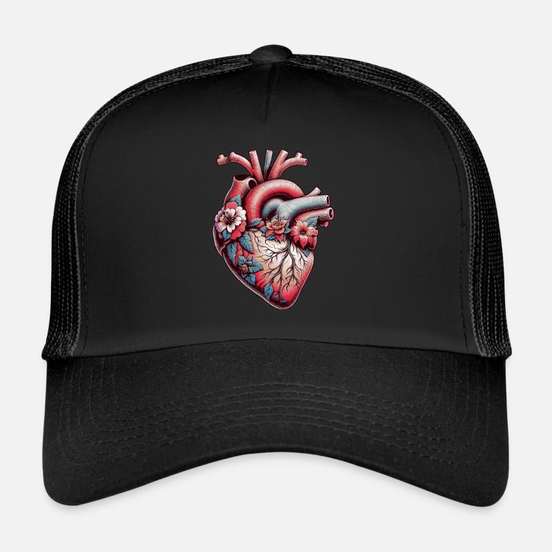 Anatomisches Herz mit Blumen - Trucker Cap - Schwarz/Schwarz