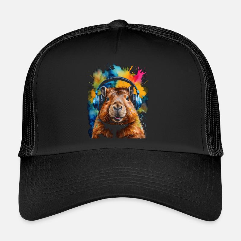 Capybara Kopfhörer Capy Bunt Tier Design Print - Trucker Cap - Schwarz/Schwarz