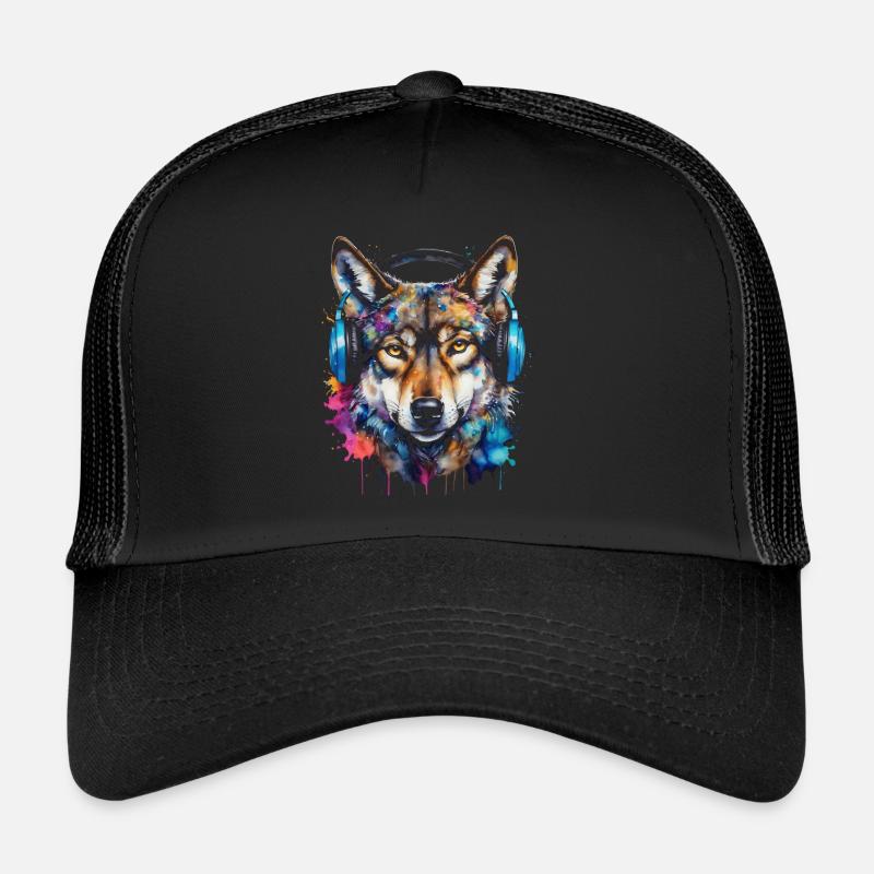 Wolf Kopfhörer Musik Bunt Tier Design Print - Trucker Cap - Schwarz/Schwarz
