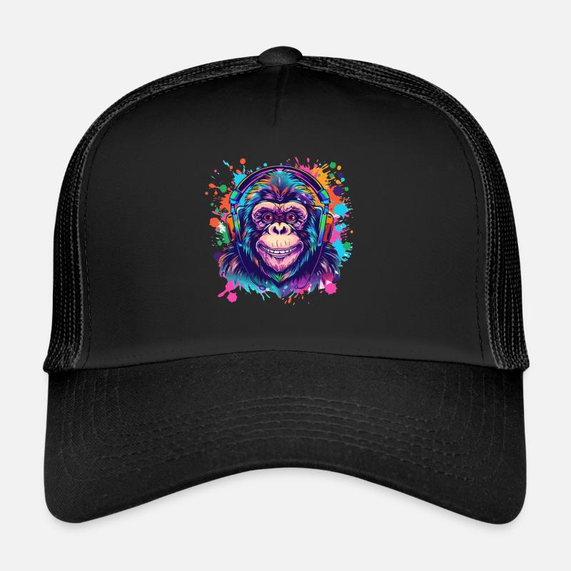 Affe Mit Kopfhörer Damen Deko Herren Geschenk - Trucker Cap - Schwarz/Schwarz