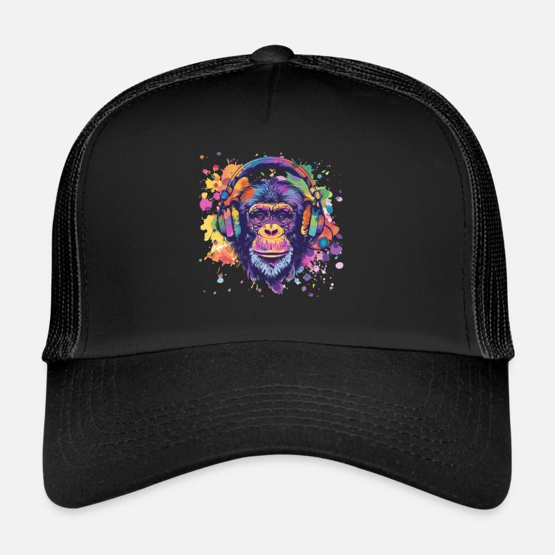 Affe Mit Kopfhörer Damen Deko Herren Geschenk - Trucker Cap - Schwarz/Schwarz