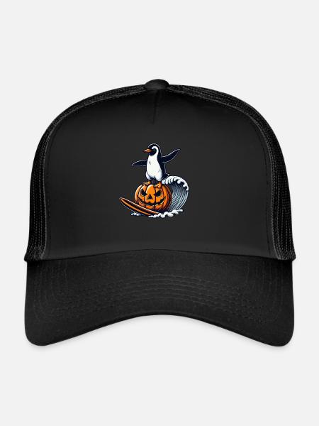 Halloween Pingouin Citrouille Surfer Planche de surf - Casquette trucker  - noir/noir - Devant