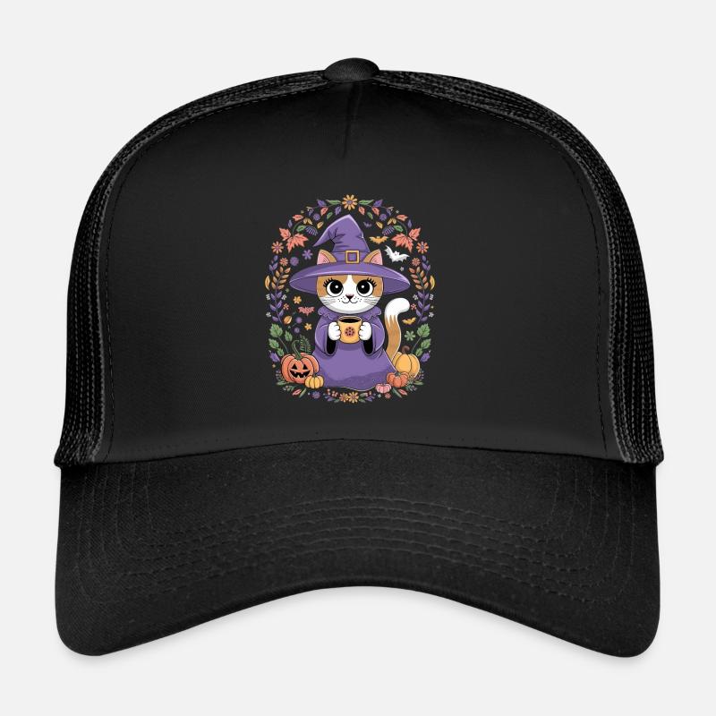 Chat sorcière d'Halloween avec des citrouilles Casquette trucker 