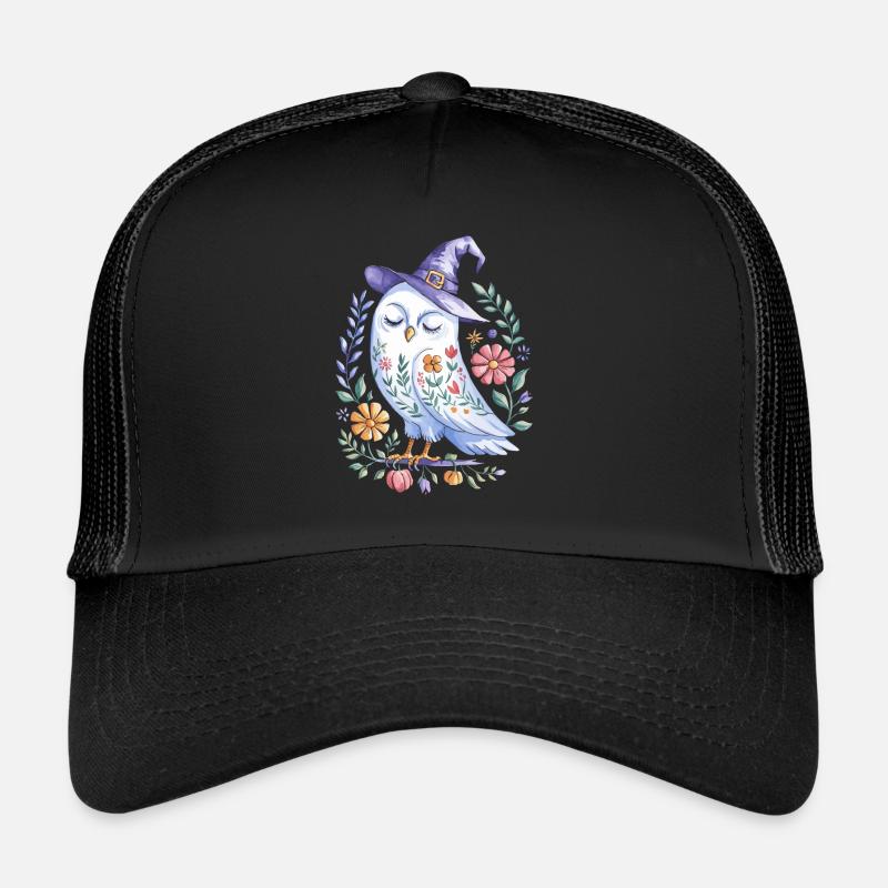 Halloween Eule Mit Hexenhut Und Blumen - Trucker Cap - Schwarz/Schwarz
