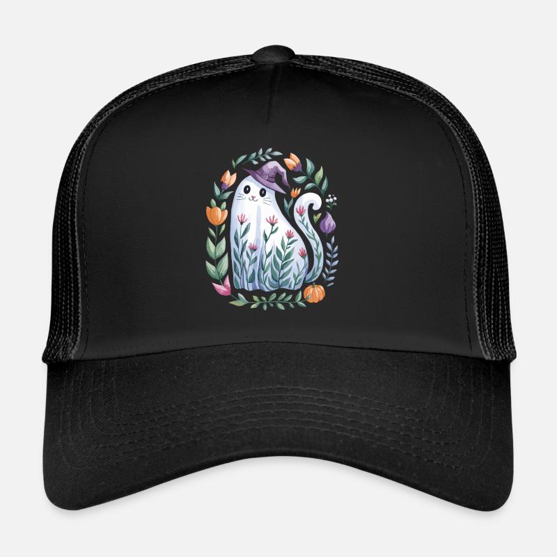 Chat fantôme d'Halloween avec chapeau de sorcière et fleurs Casquette trucker 