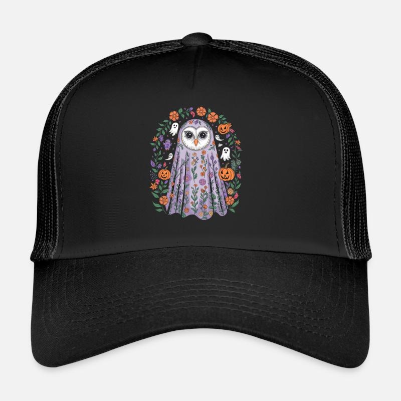 Halloween Eule Mit Blumen Und Kürbissen - Trucker Cap - Schwarz/Schwarz