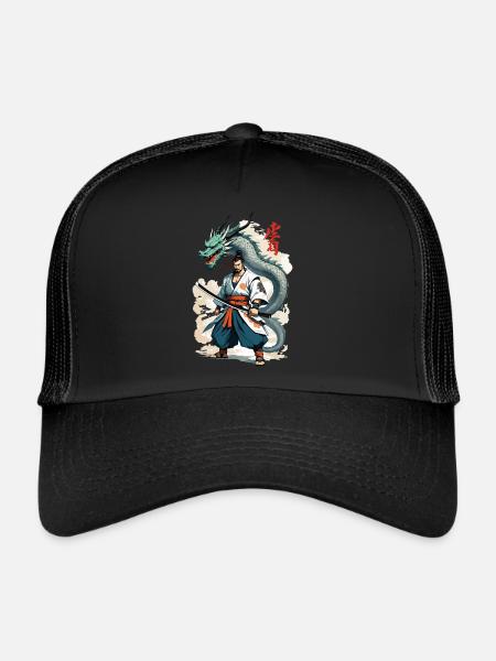Samouraï Dragon Vintage Ukiyo-e Style Artwork - Casquette trucker  - noir/noir - Devant