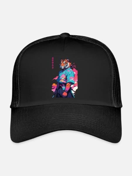 Tiger Yokai Vaporwave Aesthetic Samurai Art - Trucker Cap - black/black - Front