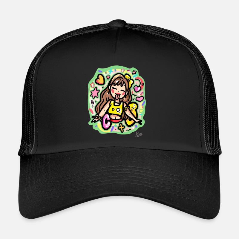Fille de dessin animé heureuse avec des cœurs et des étoiles Casquette trucker 