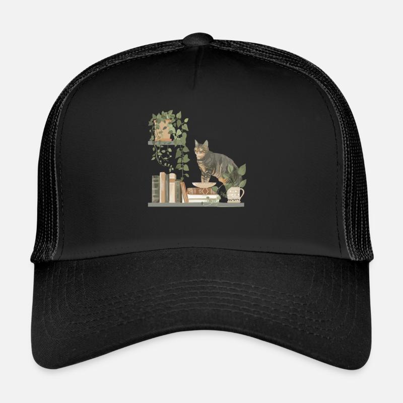 Schwarze Katze Mit Büchern Und Pflanzen Trucker Cap