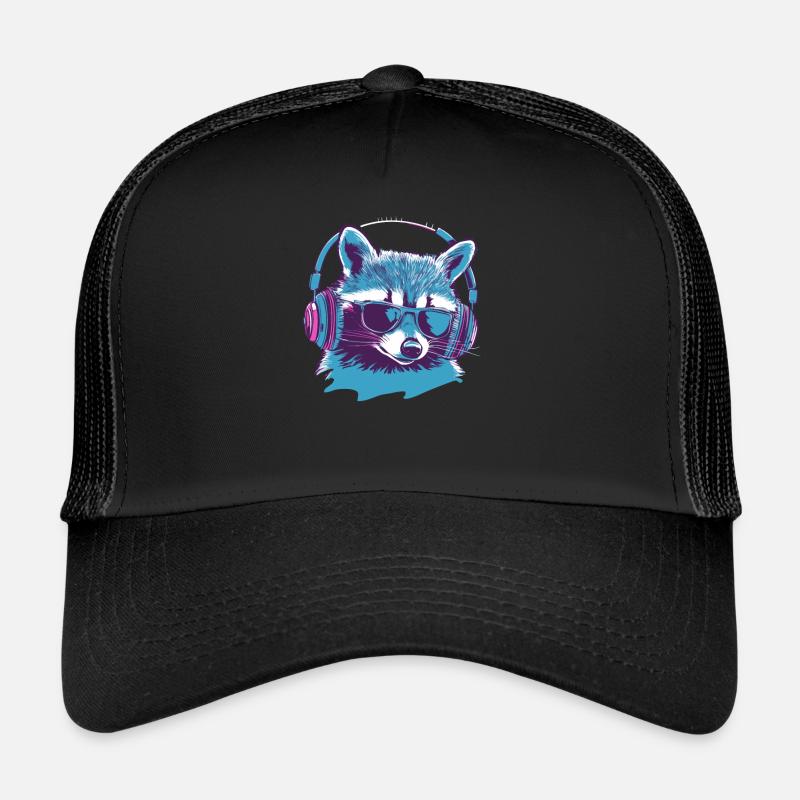Zocker Waschbär mit Sonnenbrille und Kopfhörern - Trucker Cap - Schwarz/Schwarz
