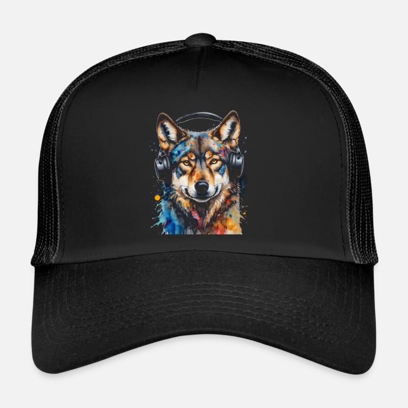 Wolf Kopfhörer Musik Bunt Tier Design Print - Trucker Cap - Schwarz/Schwarz