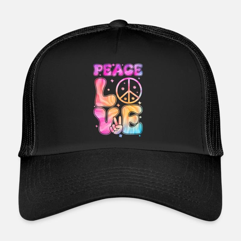 Groovy Tie Dye Friedens Liebeszeichen Retro Hippie Trucker Cap