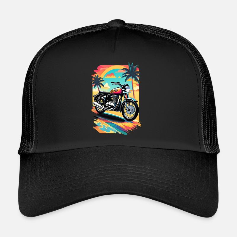 Retro motorcycle on a tropical beach Trucker Cap