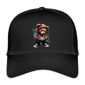 Hip Hop Teddybär Bunte Urban Rap Music - Trucker Cap - Schwarz/Schwarz - Vorne