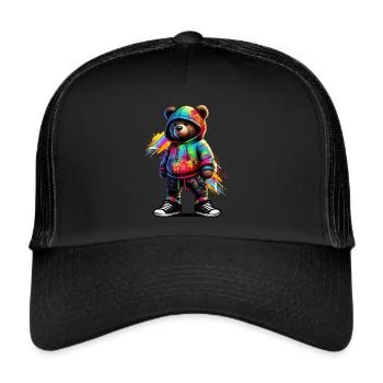 Hip Hop Teddybär Bunte Urban Rap Music - Trucker Cap - Schwarz/Schwarz - Vorne