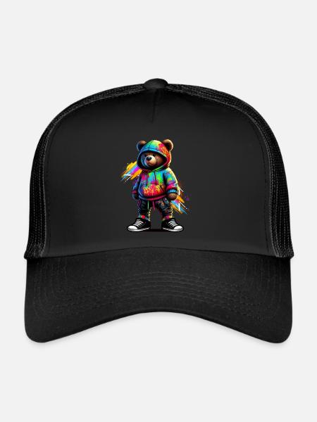 Hip Hop Teddy Bear Colorful Urban Rap Music - Trucker Cap - black/black - Front