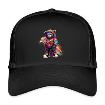 Hip Hop Teddybär Bunte Urban Rap Music - Trucker Cap - Schwarz/Schwarz - Vorne