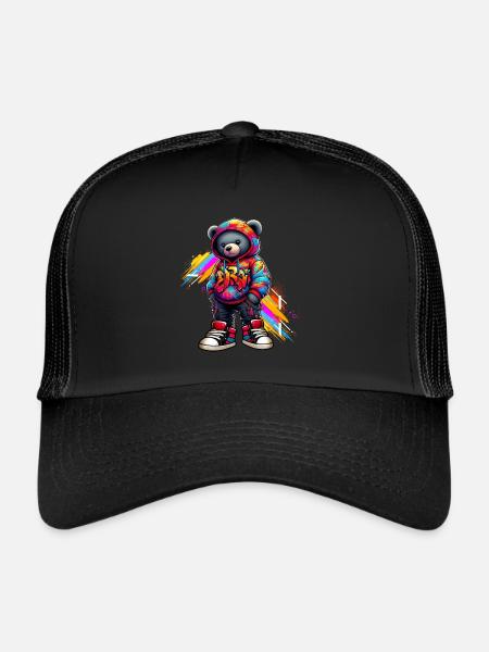 Hip Hop Teddybär Bunte Urban Rap Music - Trucker Cap - Schwarz/Schwarz - Vorne