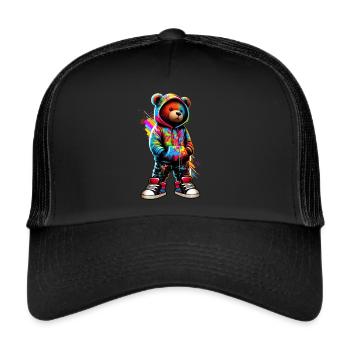 Hip Hop Teddybär Bunte Urban Rap Music - Trucker Cap - Schwarz/Schwarz - Vorne