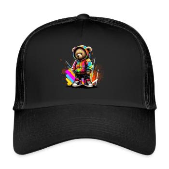 Hip Hop Teddybär Bunte Urban Rap Music - Trucker Cap - Schwarz/Schwarz - Vorne