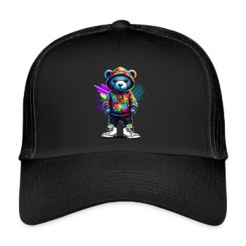 Hip Hop Teddybär Bunte Urban Rap Music - Trucker Cap - Schwarz/Schwarz - Vorne