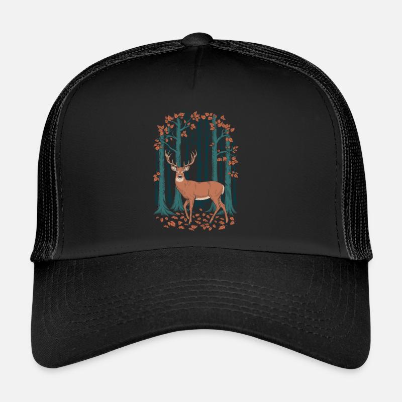Majestätischer Hirsch im Herbst Cottagecore Wald - Trucker Cap - Schwarz/Schwarz