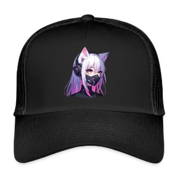 Japanische Manga Anime Ästhetik Cyberpunk Techwear - Trucker Cap - Schwarz/Schwarz - Vorne