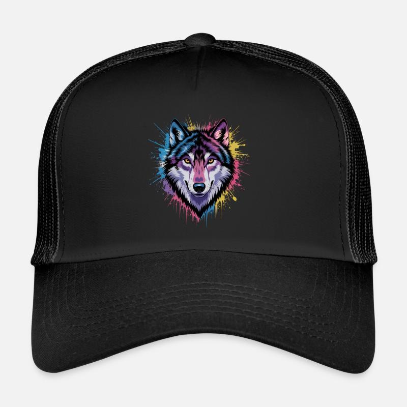 Farbenfroher Wolf Kunstwerk - Trucker Cap - Schwarz/Schwarz