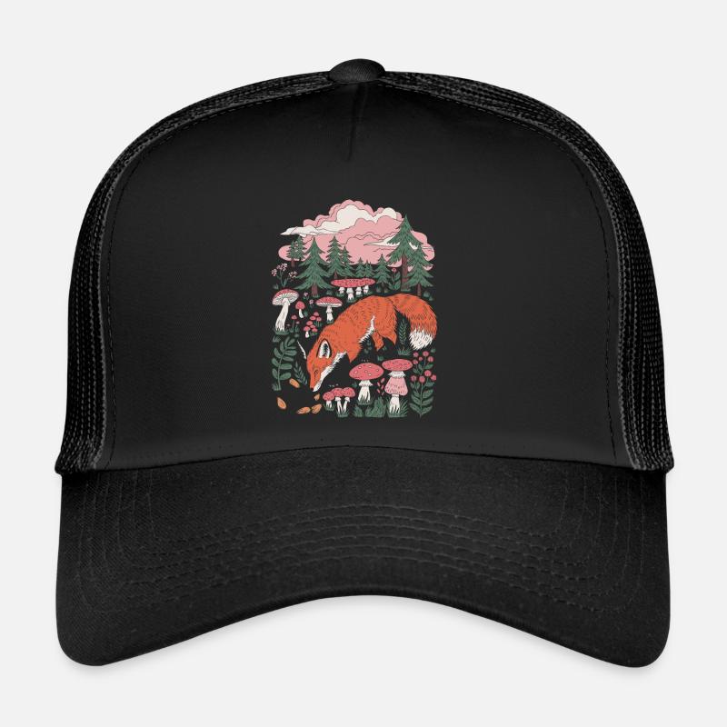 Cottagecore Fuchs Im Wald Mit Pilzen Und Bäumen - Trucker Cap - Schwarz/Schwarz