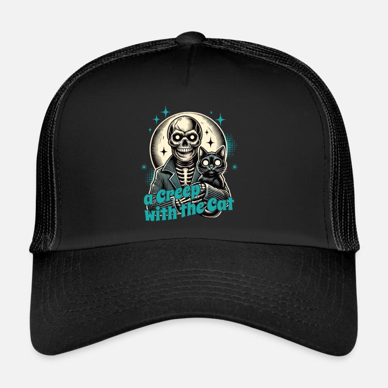 Halloween Skeleton With Cat: A Creep With The Cat Trucker Cap